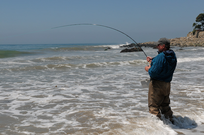 Graham Owen fly fishing for leapoard sharks in the surf on the beach in Malibu California