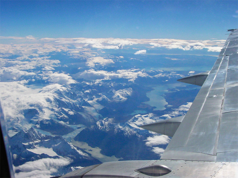 Aerial view of Chile's Patagonian mountains, rivers. glaciers and fiords