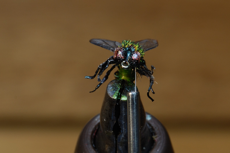 A pair of realistic house flies resting on a small orange parrot feather
