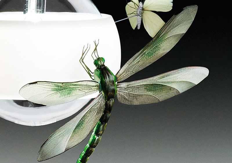 Green dragonfly and White glider butterfly close up the Johnny B. Butterfly light fixture