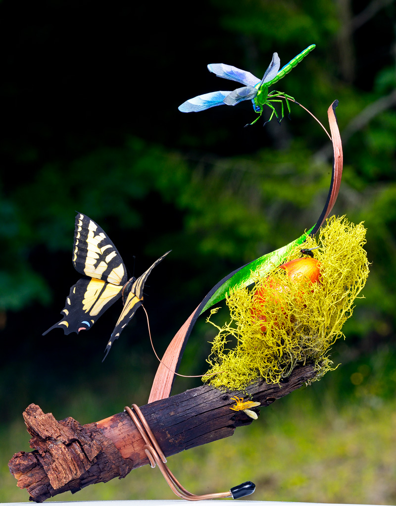 Swallowtail butterfly photographed with a dragonfly, bee and housefly, each hand made insect art