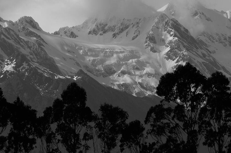 New Zealand south island Alps close up telephoto with snowy peaks  