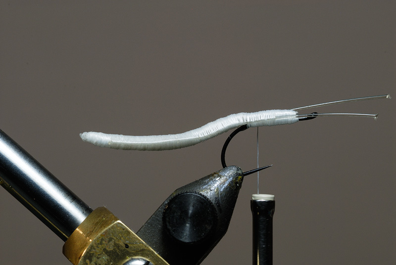 tying a realistic hex mayfly, flexible copper wire and 20 lb mono and thread to create the underbody