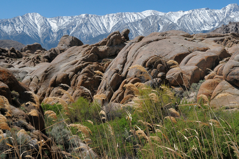 View of the Eastern Sierra mountains from the rocks at Alabama Hills